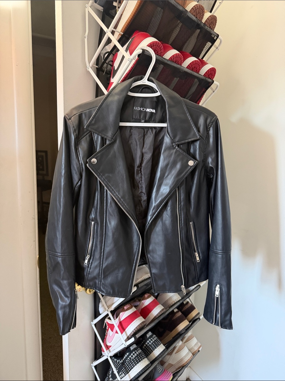 Fashion Nova Black Faux Leather Moto Jacket with Silver Hardware